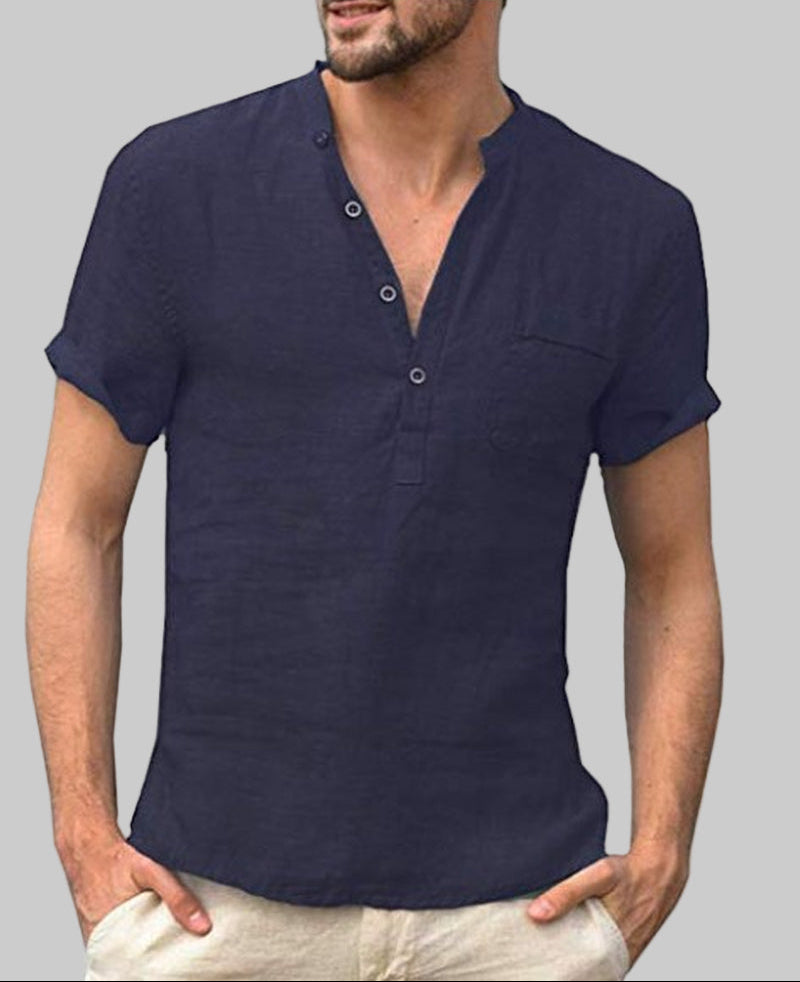 Casual Linen Solid Color Shirt Button V Neck Beach Shirt Men Summer Tops