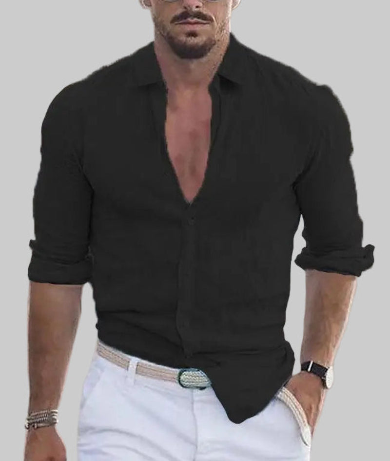 2024 New Men'S Shirt Cotton Linen Fashion Casual Polo Neck Beach Shirt Long Sleeve Solid Hawaiian Holiday Shirts