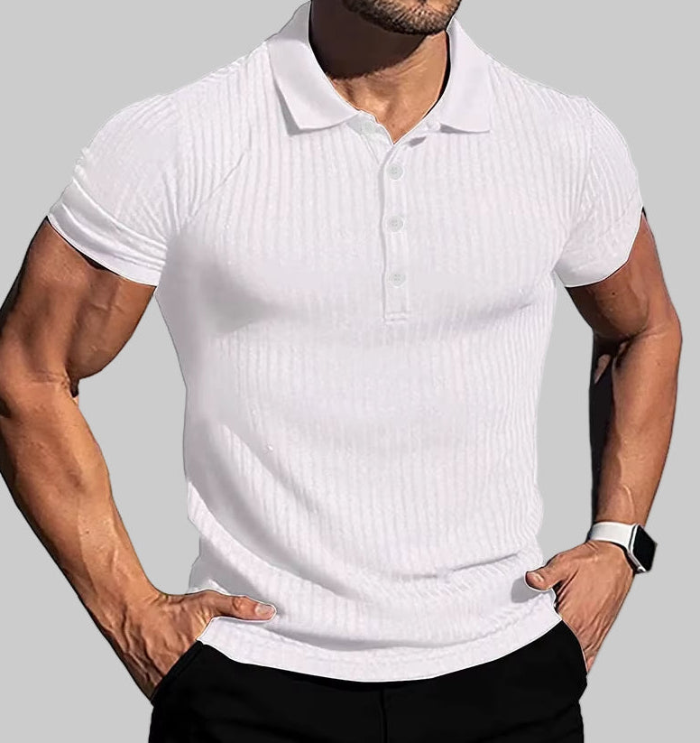 New Summer Polo Men Solid Stripe Fitness Elasticity Short Sleeve Polo Shirts for Men Fashion Stand Collar Mens Shirts
