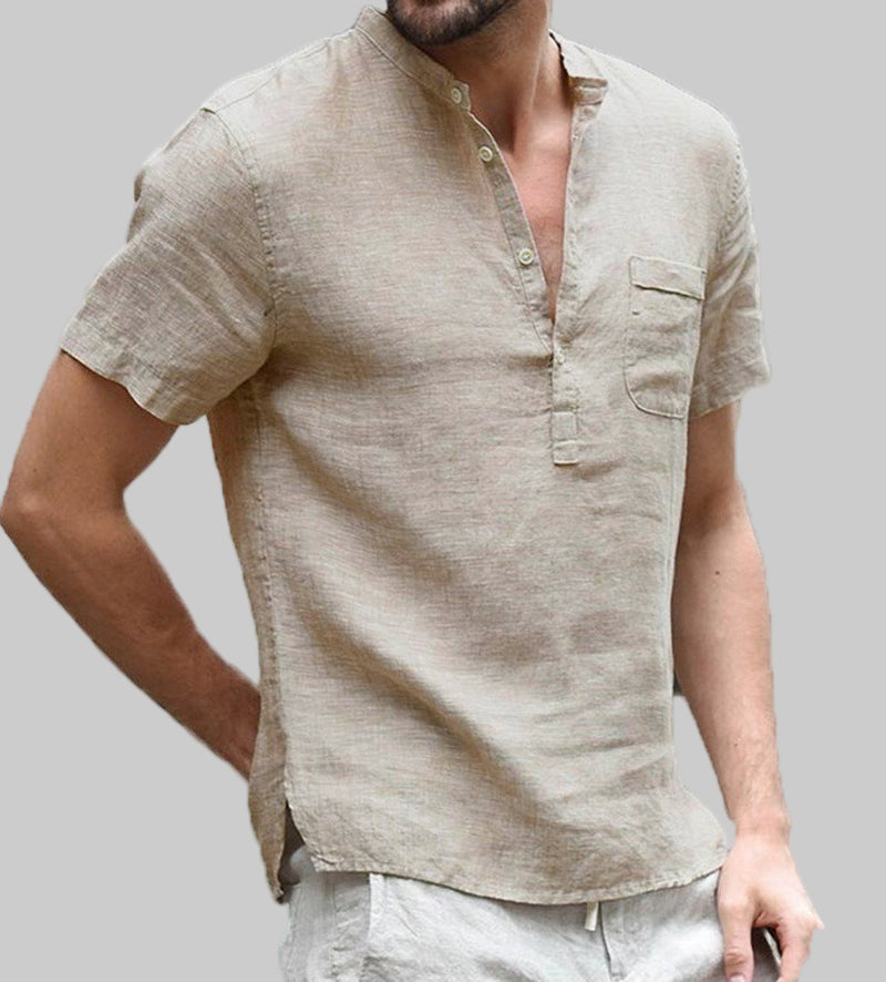 Casual Linen Solid Color Shirt Button V Neck Beach Shirt Men Summer Tops
