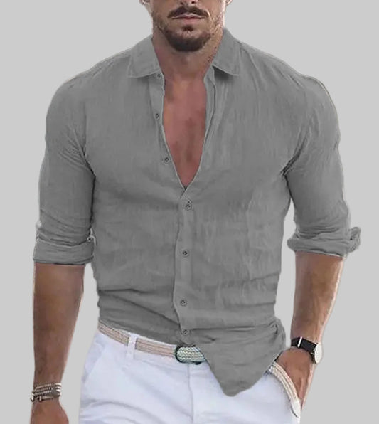 2024 New Men'S Shirt Cotton Linen Fashion Casual Polo Neck Beach Shirt Long Sleeve Solid Hawaiian Holiday Shirts