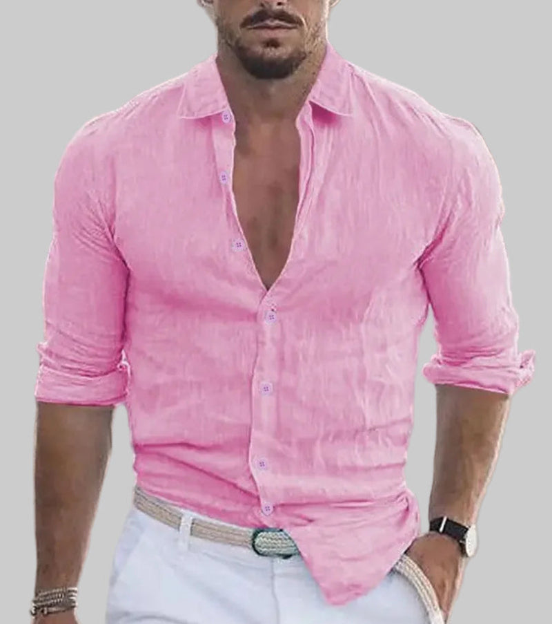 2024 New Men'S Shirt Cotton Linen Fashion Casual Polo Neck Beach Shirt Long Sleeve Solid Hawaiian Holiday Shirts