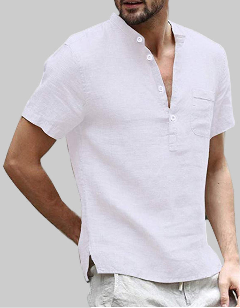 Casual Linen Solid Color Shirt Button V Neck Beach Shirt Men Summer Tops