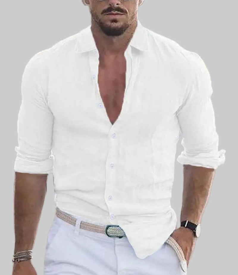 2024 New Men'S Shirt Cotton Linen Fashion Casual Polo Neck Beach Shirt Long Sleeve Solid Hawaiian Holiday Shirts