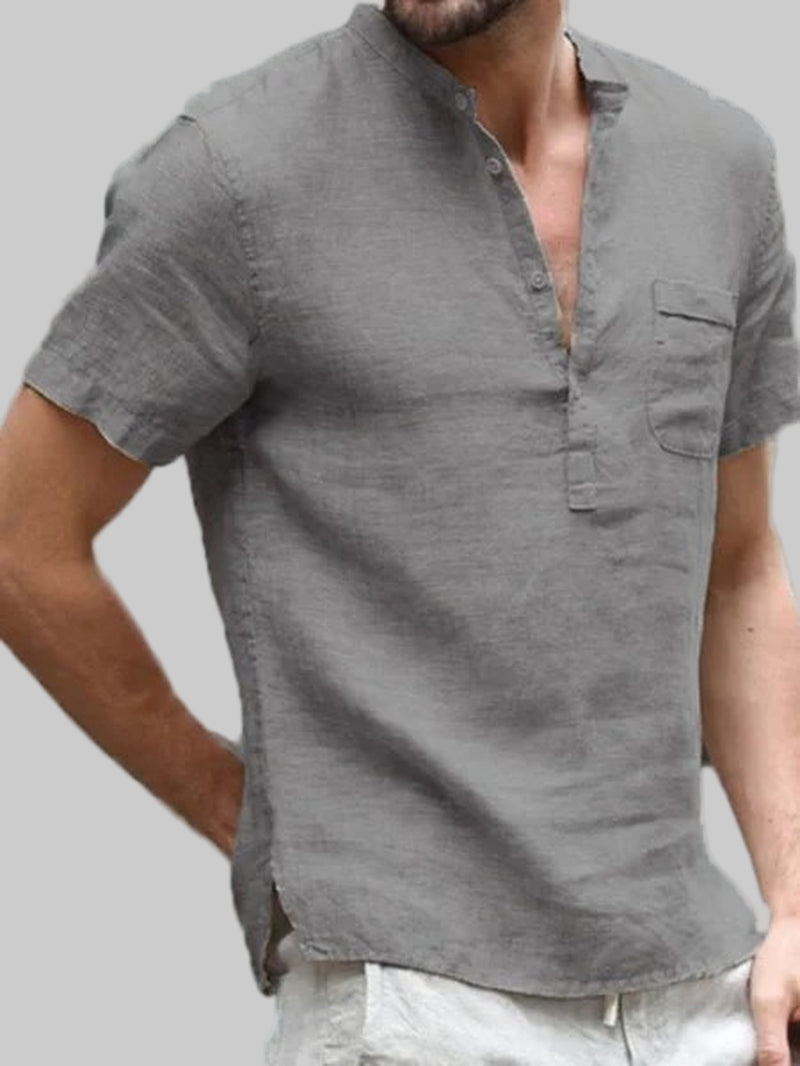Casual Linen Solid Color Shirt Button V Neck Beach Shirt Men Summer Tops