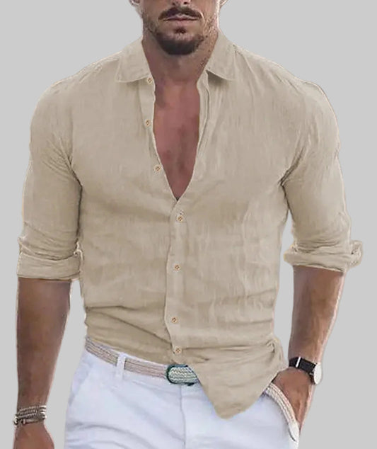 2024 New Men'S Shirt Cotton Linen Fashion Casual Polo Neck Beach Shirt Long Sleeve Solid Hawaiian Holiday Shirts