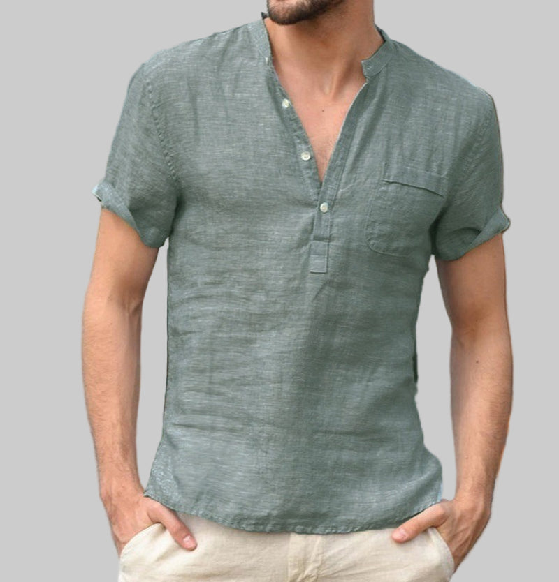 Casual Linen Solid Color Shirt Button V Neck Beach Shirt Men Summer Tops