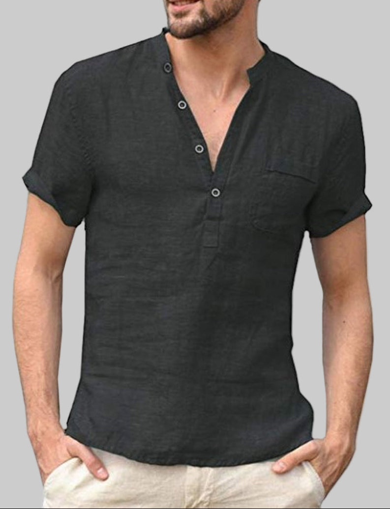 Casual Linen Solid Color Shirt Button V Neck Beach Shirt Men Summer Tops