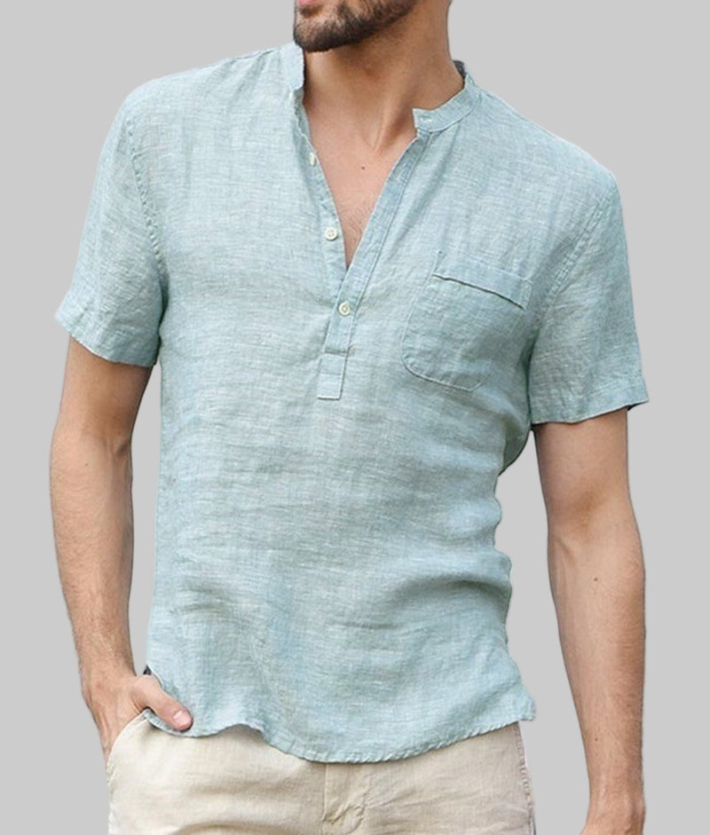 Casual Linen Solid Color Shirt Button V Neck Beach Shirt Men Summer Tops